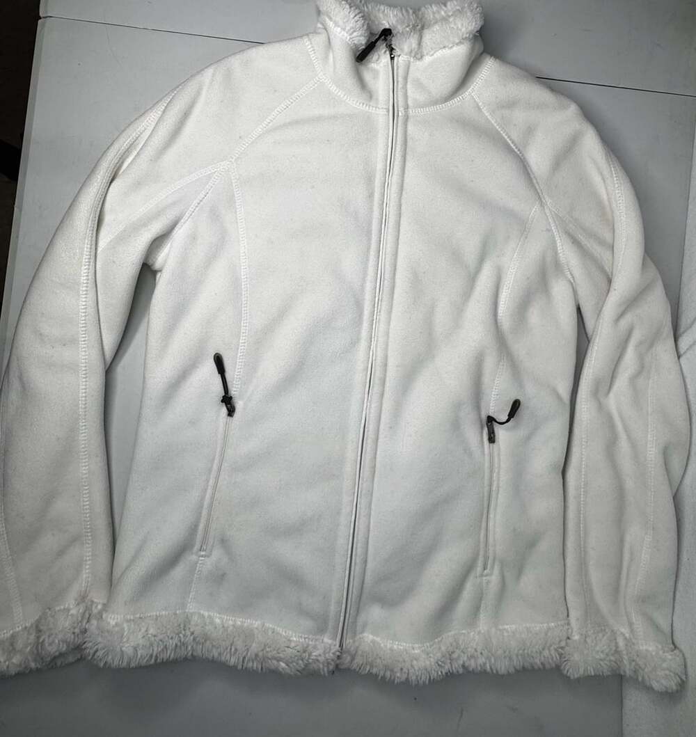 Green Tea Fleece Jacket Size S/C White Faux Fur Trim